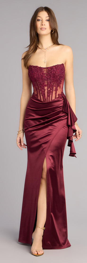 Own Prom 2026 in the Sharon Floral Applique Satin Formal Dress, a plum prom dress designed with a flattering silhouette and elevated details that feel modern and true to your style.