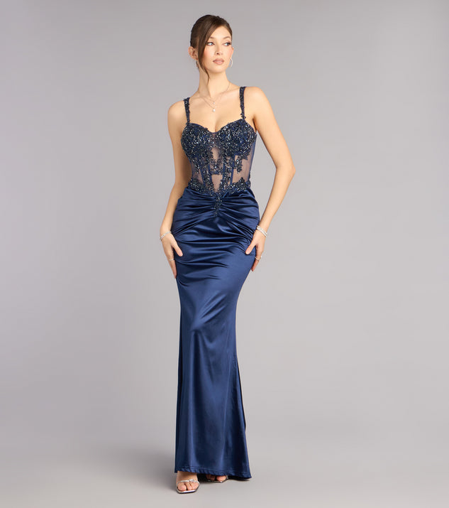 Tiffany Satin Beaded Corset Formal Dress in Navy Blue | Size: S | Sheer Mesh Fabric/Satin Fabric | Windsor Tiffany Satin Beaded Corset Formal Dress in Navy Blue | Size: S | Sheer Mesh Fabric/Satin Fabric | Windsor