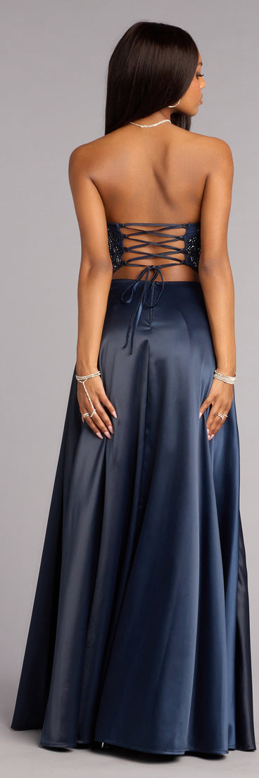 Magnolia Satin Corset Slit Formal Dress in Navy Blue | Size: XS | Knit Fabric/Satin Fabric | Windsor Magnolia Satin Corset Slit Formal Dress in Navy Blue | Size: XS | Knit Fabric/Satin Fabric | Windsor