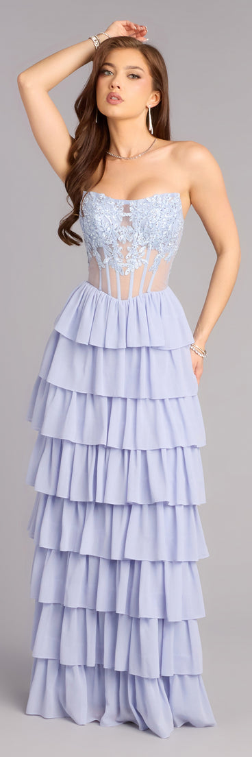 Shop a formal dress like the Shelly Corset Ruffle Formal Dress in light blue, designed with a sleek silhouette, luxe fabric, and elegant detail for special events.