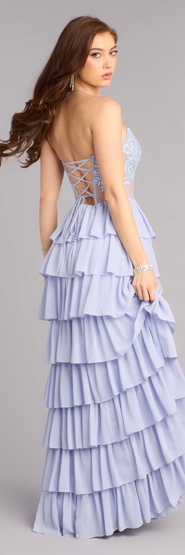 Discover a formal dress like the Shelly Corset Ruffle Formal Dress in light blue featuring a flattering fit, smooth fabric, and refined design for any formal occasion.