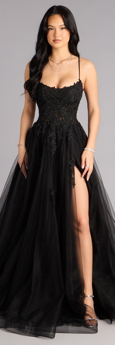 Caitlin Lace-Up Applique A-Line Formal Dress