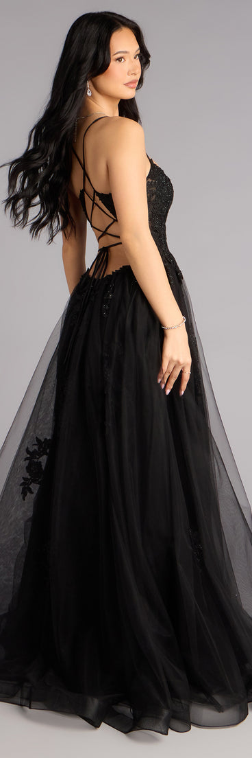 Caitlin Lace-Up Applique A-Line Formal Dress