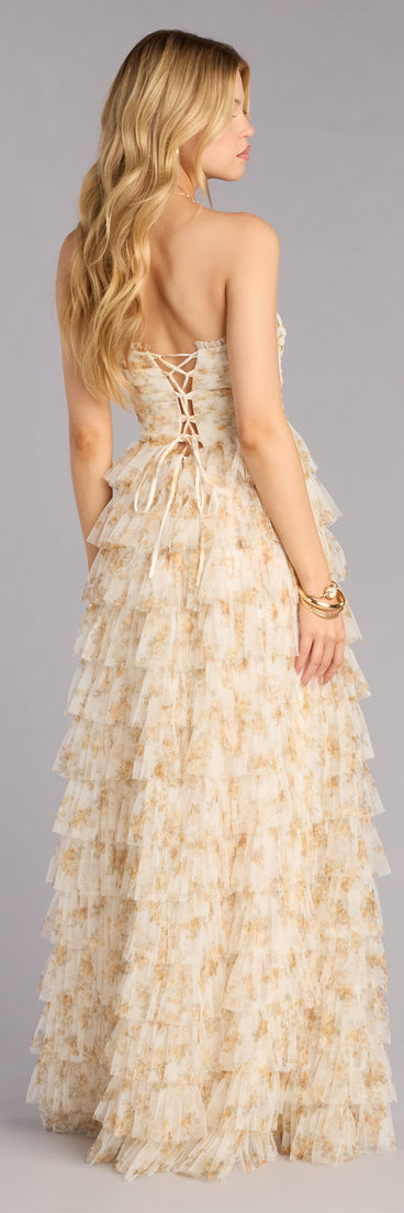 Milena Floral Mesh Ruffle A-Line Gown Milena Floral Mesh Ruffle A-Line Gown