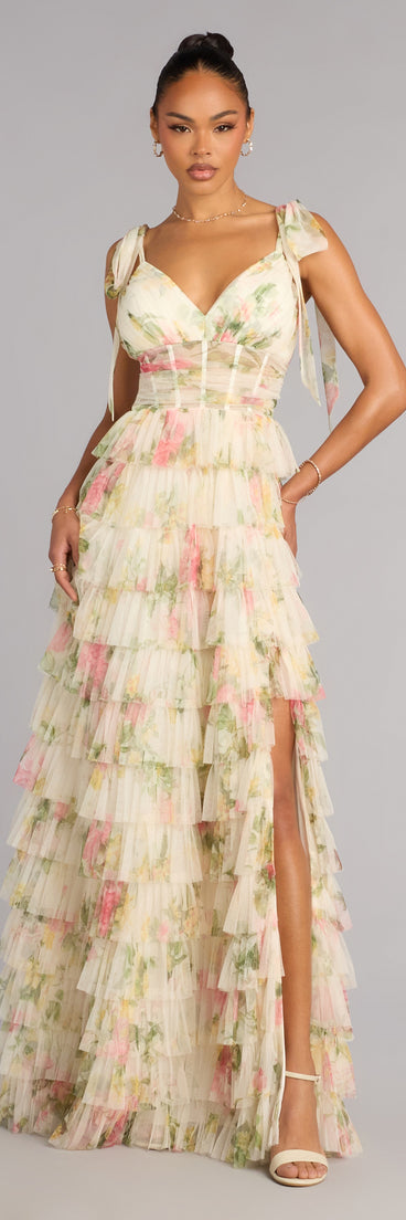 Malia Floral Ruffle A-Line Formal Dress in Ivory | Size: 1 | Mesh Fabric | Windsor Malia Floral Ruffle A-Line Formal Dress in Ivory | Size: 1 | Mesh Fabric | Windsor