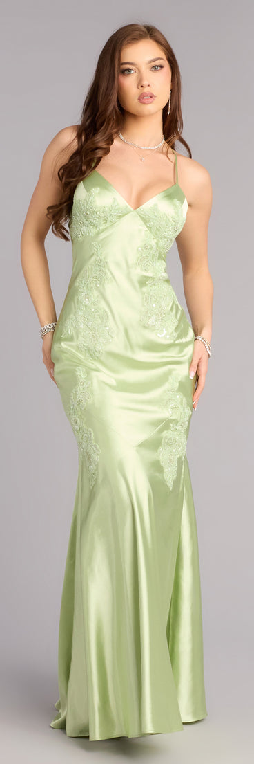 Rachel Satin Open Back Formal Dress in Sage | Size: M | Knit Fabric/Satin Fabric | Windsor Rachel Satin Open Back Formal Dress in Sage | Size: M | Knit Fabric/Satin Fabric | Windsor