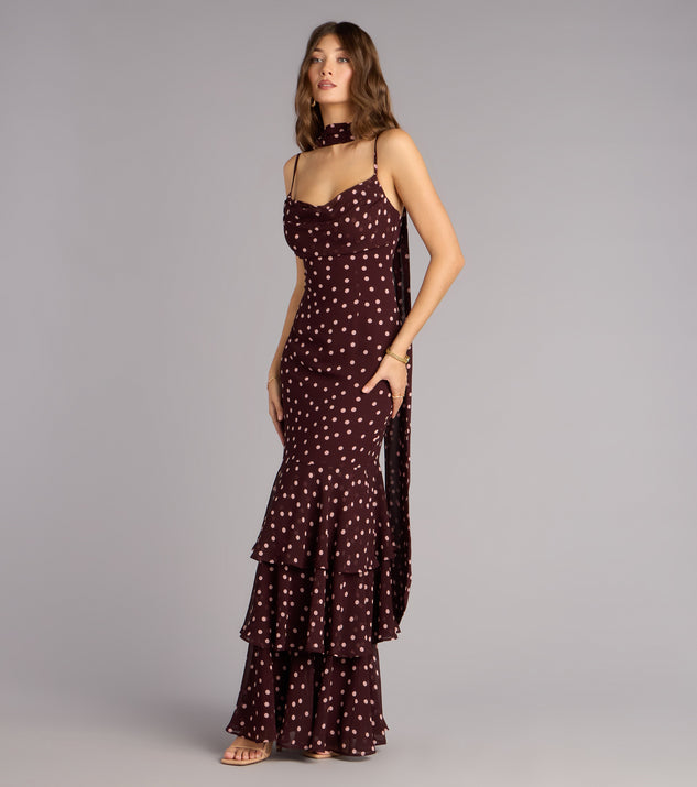 polka dot burgundy dress Long burgundy dress with yellow polka dots and a scoop neckline main image 1