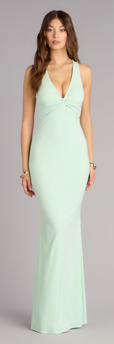 Windsor Lydia Halter Lace-Up Mermaid Formal Dress in Mint | Size: L | Knit Fabric Windsor Lydia Halter Lace-Up Mermaid Formal Dress in Mint | Size: L | Knit Fabric