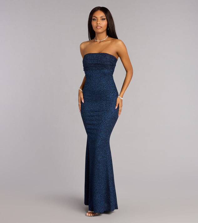 navy blue strapless mermaid dress WEDTREND Women Navy Mermaid Long Prom Dress with Bow Strapless Beaded Corset Satin Formal Dress with Slit, Navy / US18W