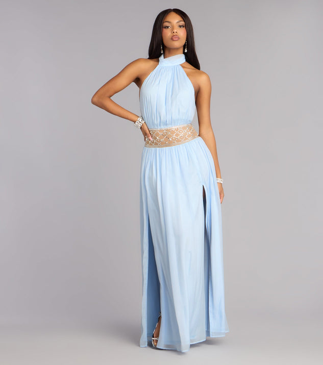 Monica Chiffon Embellished Formal Dress in Light Blue | Size: XL | Chiffon/Rhinestone | Windsor