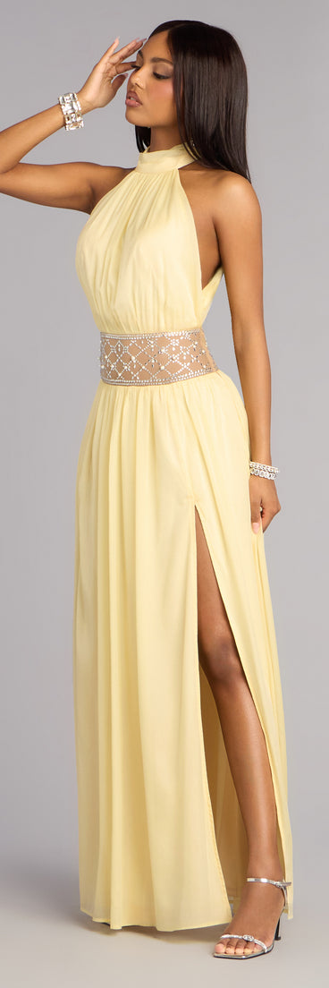 Shop a formal dress like the Monica Chiffon Embellished Formal Dress in yellow, designed with a sleek silhouette, luxe fabric, and elegant detail for special events.