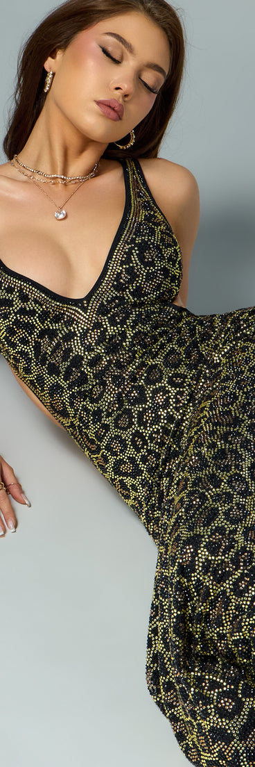 Shop a formal dress like the Kim Rhinestone Leopard Mermaid Formal Dress in black, designed with a sleek silhouette, luxe fabric, and elegant detail for special events.