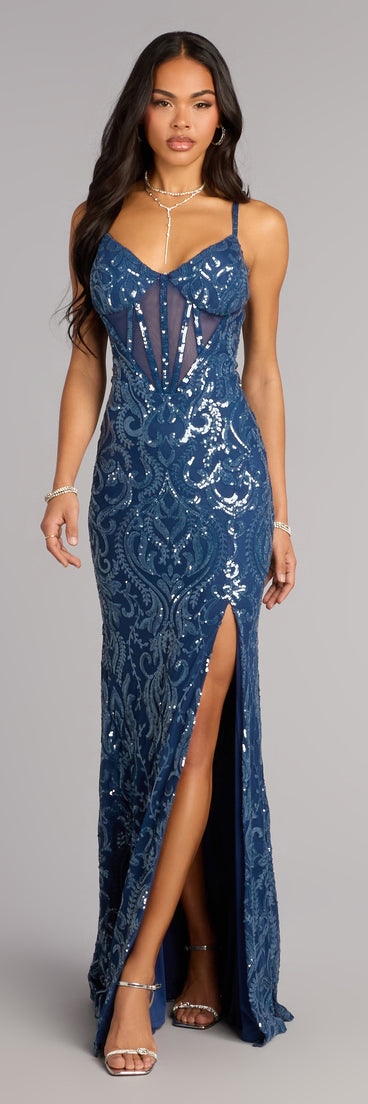Own Prom 2026 in the Shirley Sequin Corset Lace-Up Formal Dress, a denim blue prom dress designed with a flattering silhouette and elevated details that feel modern and true to your style.
