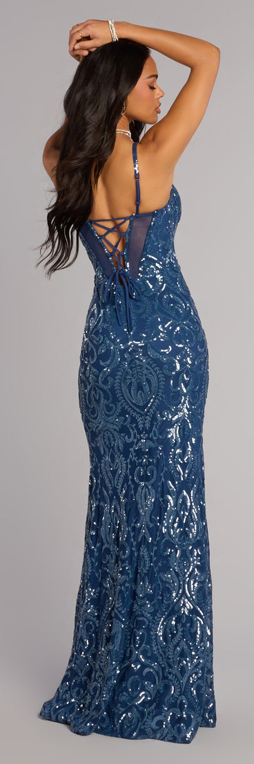 This denim blue prom dress, the Shirley Sequin Corset Lace-Up Formal Dress , features a sleek, floor-length design with trend-forward details that capture the excitement of Prom 2026.