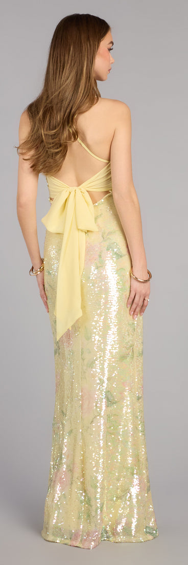 sequin back bow dress in gold Jazlynn Sequin Nia Back Bow Mini Dress