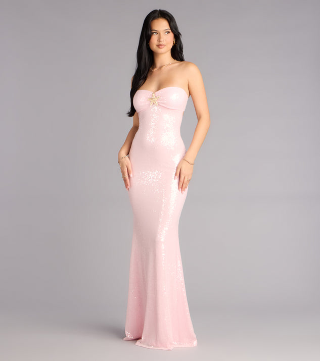 women's light pink strapless mermaid dress for a club singer Aimee Sequin Starfish Formal Dress