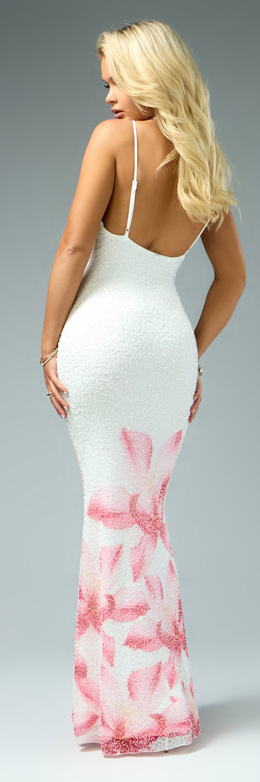 Discover a formal dress like the Mara Floral Print Beaded Sequin Mermaid Dress in white featuring a flattering fit, smooth fabric, and refined design for any formal occasion.