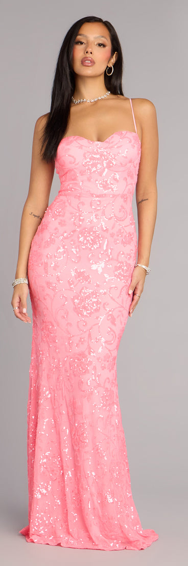 Savanna Floral Sequin Lace-Up Formal Dress in Pink | Size: XXS | Windsor Savanna Floral Sequin Lace-Up Formal Dress in Pink | Size: XXS | Windsor