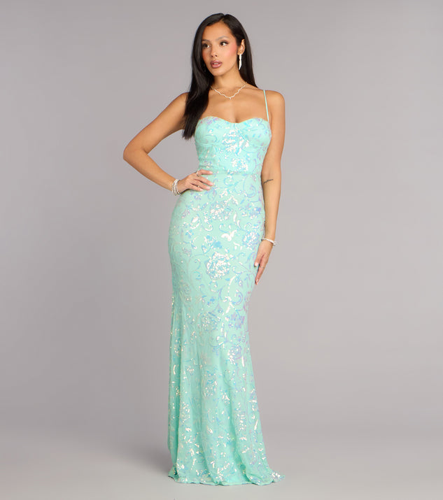 Savanna Floral Sequin Lace-Up Formal Dress in Mint | Size: M