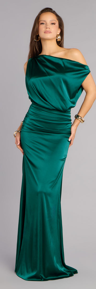 Shop a formal dress like the Clare Satin Off-The-Shoulder Mermaid Dress in hunter green, designed with a sleek silhouette, luxe fabric, and elegant detail for special events.