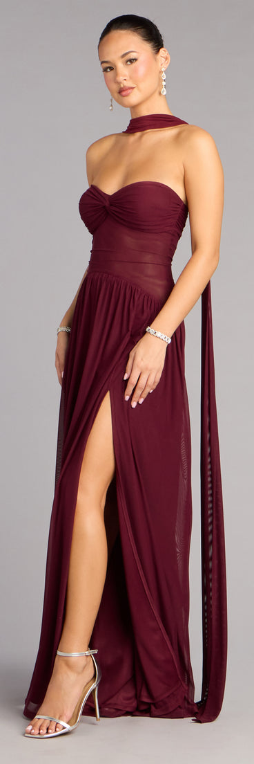 Rhea Mesh Strapless A-Line Dress With Scarf