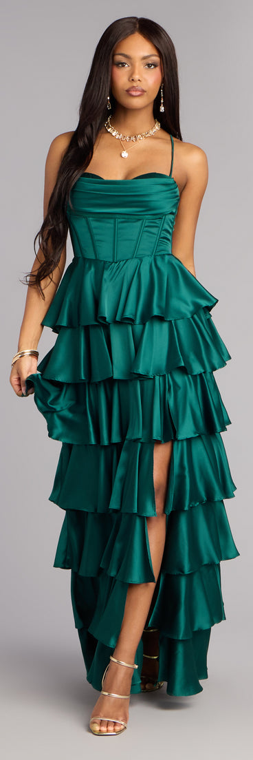 Shop a formal dress like the Rose Satin Ruffle A-Line Formal Dress in hunter green, designed with a sleek silhouette, luxe fabric, and elegant detail for special events.
