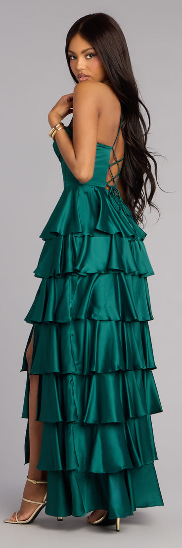Discover a formal dress like the Rose Satin Ruffle A-Line Formal Dress in hunter green featuring a flattering fit, smooth fabric, and refined design for any formal occasion.