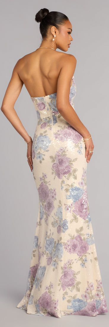Tina Sequin Floral Slit Formal Dress