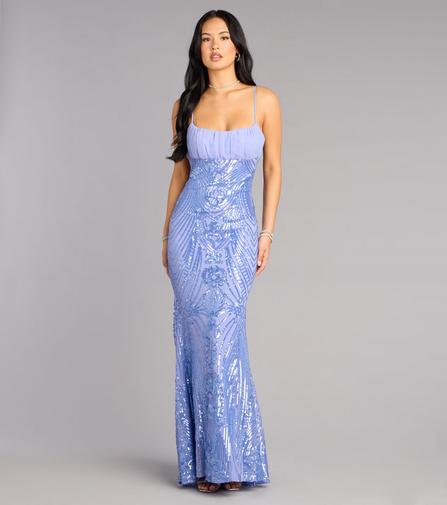 Indie Sequin Bow Column Formal Dress in Periwinkle | Size: S | Chiffon