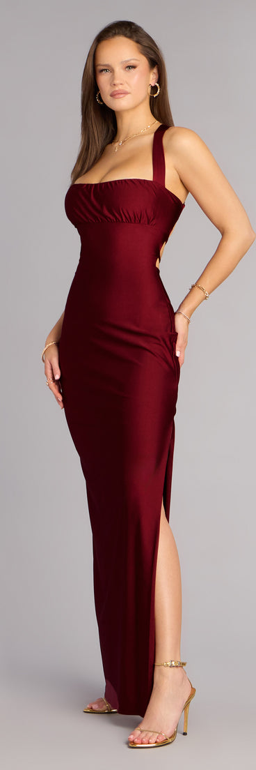 Shop a formal dress like the Rey Lace-Up Column Formal Dress in wine, designed with a sleek silhouette, luxe fabric, and elegant detail for special events.