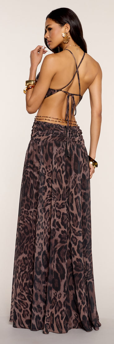 leopard chiffon dress Sheer Ruched Chiffon Maxi Dress- Leopard Print