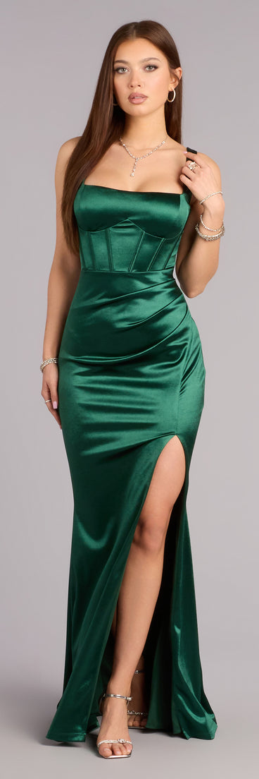 Ariana Satin Mermaid Slit Formal Dress in Green | Size: XS | Knit Fabric/Satin Fabric | Windsor Ariana Satin Mermaid Slit Formal Dress in Green | Size: XS | Knit Fabric/Satin Fabric | Windsor