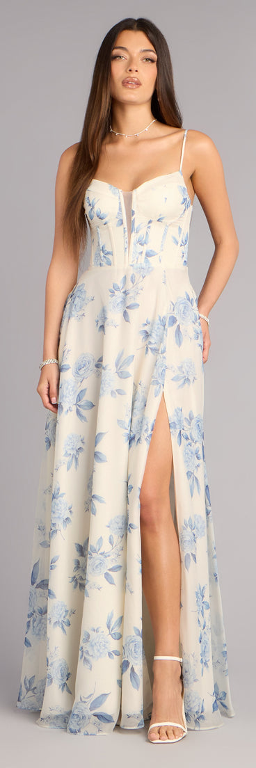 Kensie Floral Chiffon Slit Formal Dress