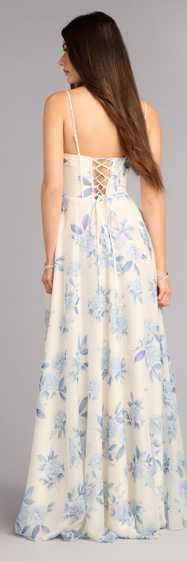 Kensie Floral Chiffon Slit Formal Dress