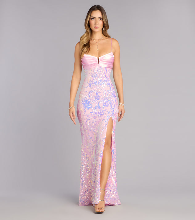 Leslie Sequin Slit Formal Dress in Pink | Size: XXS | Satin Fabric | Windsor Leslie Sequin Slit Formal Dress in Pink | Size: XXS | Satin Fabric | Windsor