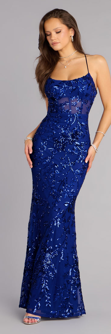 Kaelie Floral Sequin Open Back Mermaid Dress