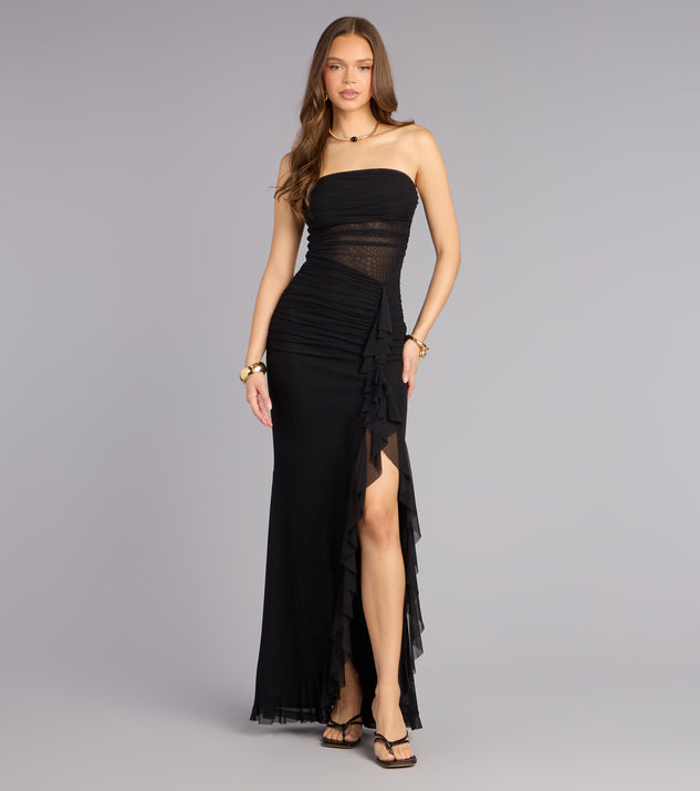 Sienna Mesh Ruffle Slit Formal Dress in Black | Size: L | Windsor Sienna Mesh Ruffle Slit Formal Dress in Black | Size: L | Windsor