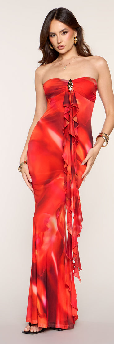 mesh abstract dress Windsor Shelly Abstract Print Mesh Ruffle Mermaid Dress in Orange | Size: M