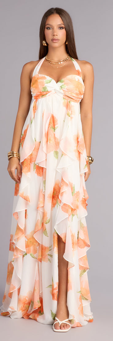 Alaiya Floral Chiffon Ruffle A-Line Dress