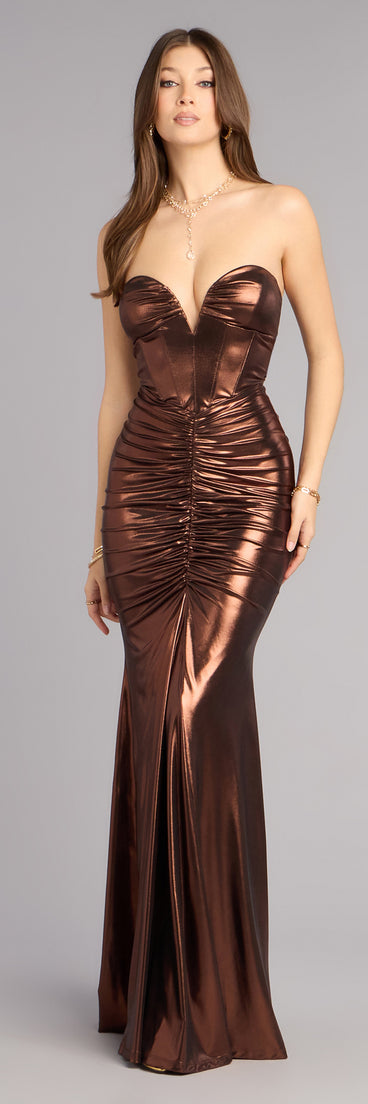 metallic strapless dress Reina Metallic Knit Strapless Mermaid Dress