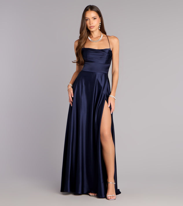 Windsor Natasha Satin A-Line Formal Dress in Navy Blue | Size: L