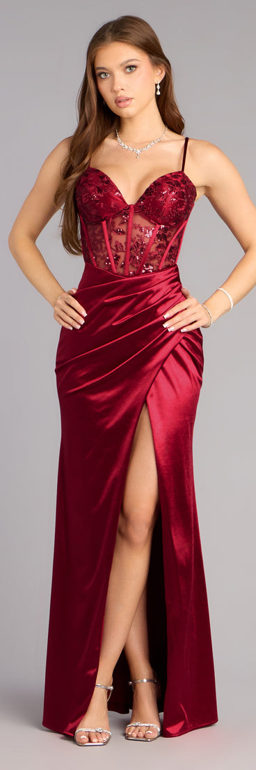 Jaylene Satin Corset Slit Formal Dress