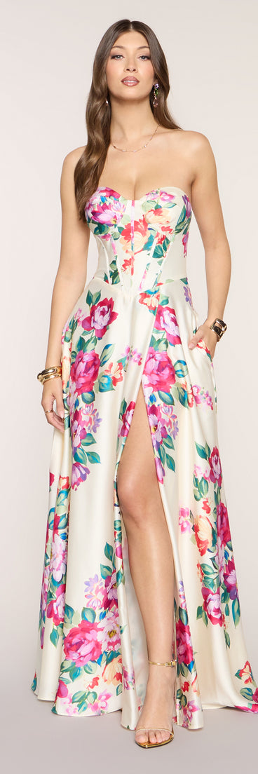 Nyla Satin Floral A-Line Formal Dress in Ivory | Size: 13 | Satin Fabric | Windsor Nyla Satin Floral A-Line Formal Dress in Ivory | Size: 13 | Satin Fabric | Windsor