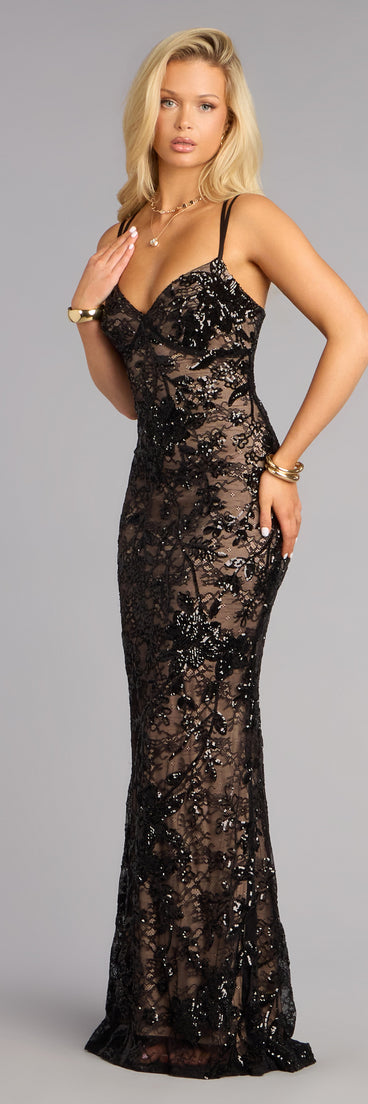 Shop a formal dress like the Irie Sequin Lace Mermaid Formal Dress in black, designed with a sleek silhouette, luxe fabric, and elegant detail for special events.