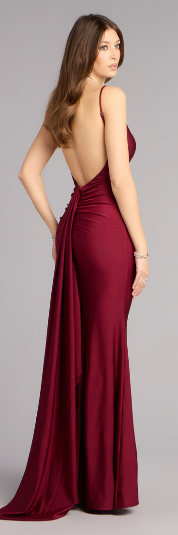 Shop a formal dress like the Haley Open Back Sash Mermaid Formal Dress in wine, designed with a sleek silhouette, luxe fabric, and elegant detail for special events.