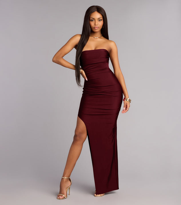 Anisley Strapless High Slit Column Formal Dress in Burgundy | Size: S | Knit Fabric | Windsor Anisley Strapless High Slit Column Formal Dress in Burgundy | Size: S | Knit Fabric | Windsor