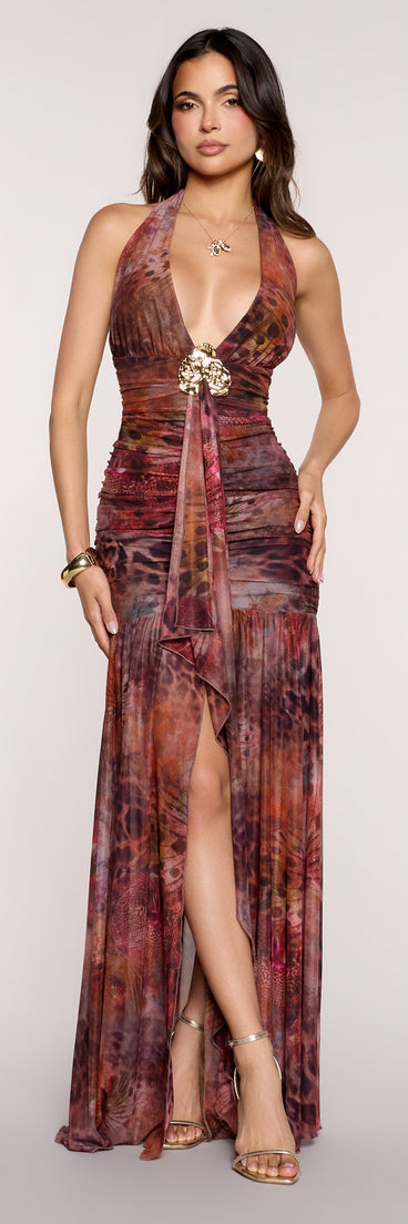 Sorella Print Mesh A-Line Formal Dress