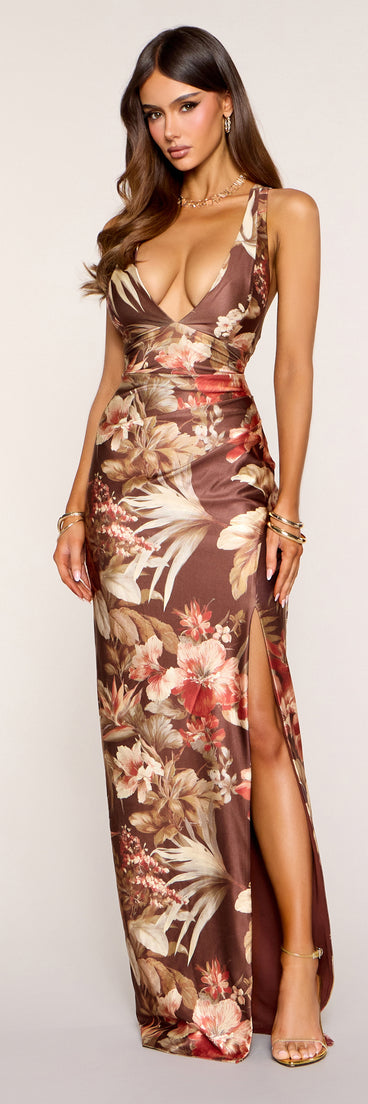 Layla Floral Print High Slit Column Dress in Brown | Size: XL | Knit Fabric