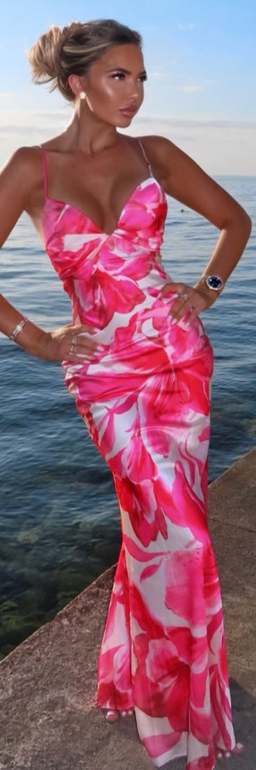 Jailei Floral Satin Lace-Up Formal Dress