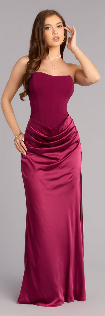 Shop a formal dress like the Vivienne Formal Woven Satin Pleated Dress in wine, designed with a sleek silhouette, luxe fabric, and elegant detail for special events.
